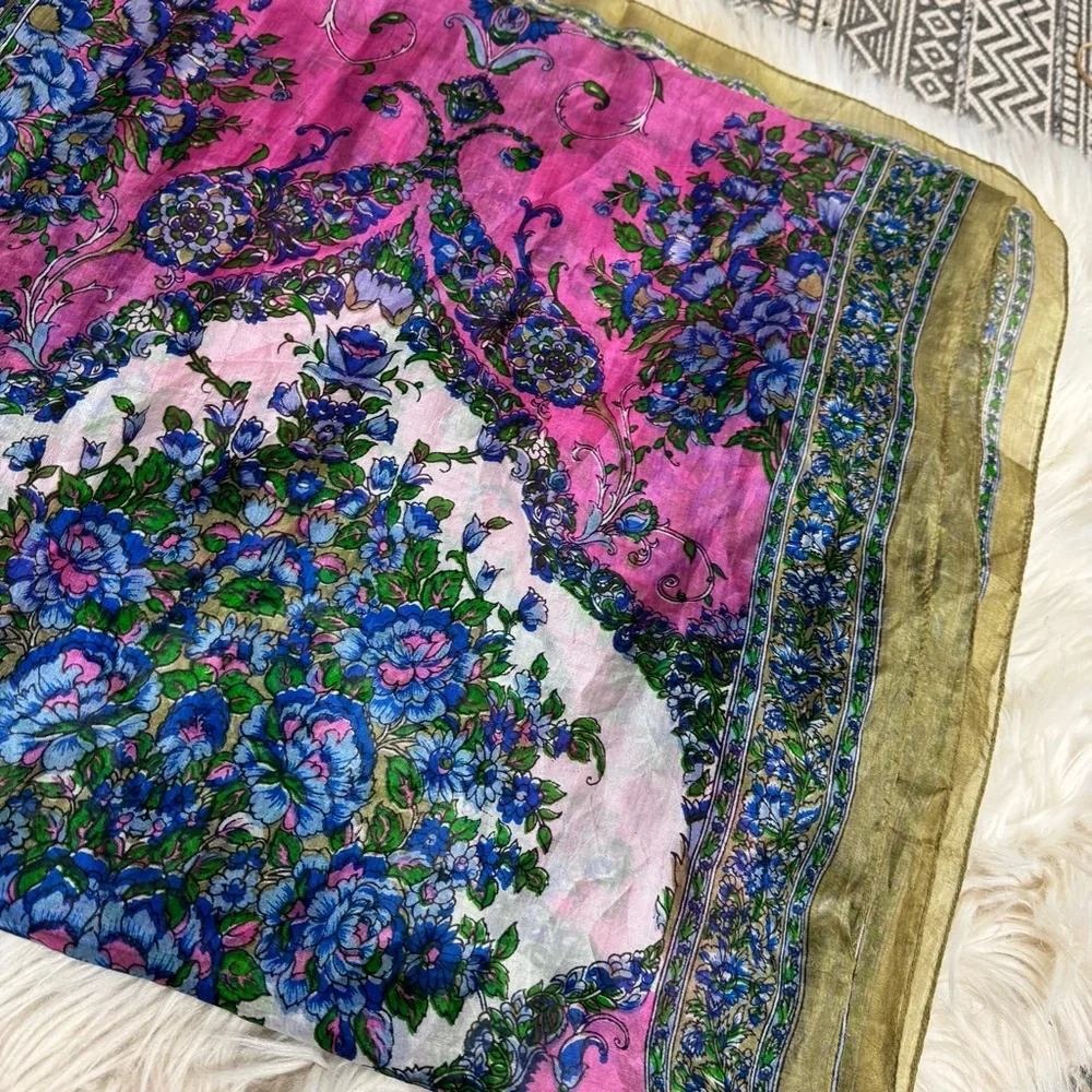 Silk Floral‎ Pink and Green Printed Scarf